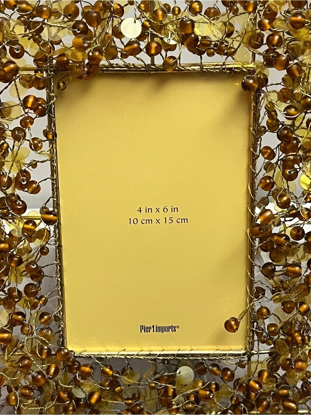 Pier 1 Imports Beaded Wire Photo Frame Gold Amber Glass 4x6 Decorative Frame
